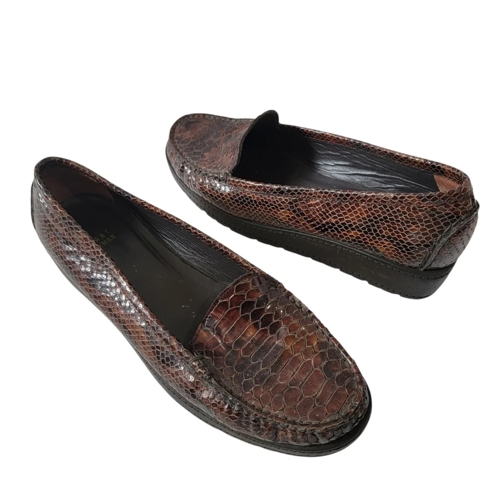 Stuart Weitzman Payson Loafers Sz 9 Brown Leather Snakeskin Old Money Luxury